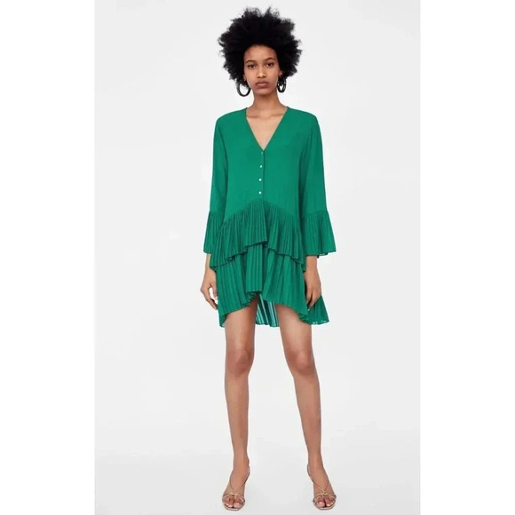 Zara Woman Womens Elegant Contrasting Pleated Flowy Blouse Green Sz Small - Picture 10 of 11